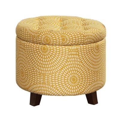 Benjara Yellow And Brown Button Tufted Wooden Round Storage Ottoman In Tufted Fabric Ottomans (View 9 of 20)