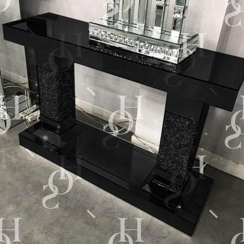 Black Mirror Crush 2 Pillar Console Table – Mirrored Furniture Throughout Square Matte Black Console Tables (Gallery 20 of 20)