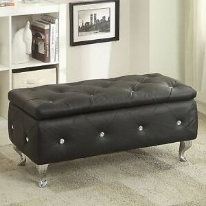 Black Tufted Storage Bench Faux Leather Seat Crystal Accent Living Room Throughout Orange Tufted Faux Leather Storage Ottomans (View 2 of 20)