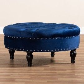 Blue Velvet Tufted Silver Nailhead Round Coffee Table Ottoman In 2021 Pertaining To Tufted Gray Velvet Ottomans (View 14 of 20)