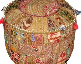 Bohemian Vintage Embroidered Pouf Ottoman Footstool Cover Indian Round For Textured Yellow Round Pouf Ottomans (View 4 of 20)