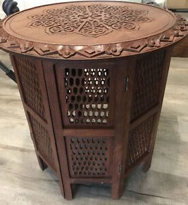Boho Moroccan Hand Carved Wood Bed Sofa End Side Table Fold Octagon Vtg With Octagon Console Tables (View 14 of 20)