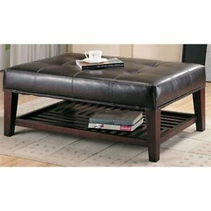 Bowery Hill Faux Leather Coffee Table Ottoman In Brown And Cappuccino Throughout Espresso Leather And Tan Canvas Pouf Ottomans (View 16 of 20)