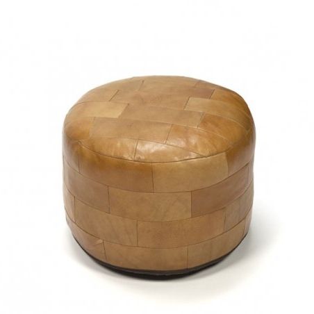 Brown Leather Patchwork Pouf/ Ottoman – Retro Studio Intended For Brown Leather Hide Round Ottomans (View 3 of 20)