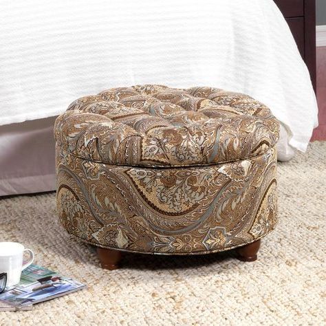 Brown & Teal Paisley Tufted Round Storage Ottoman | Round Storage Pertaining To Brown Fabric Tufted Surfboard Ottomans (View 4 of 20)