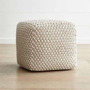 Buco 20"x20" Off White Pouf + Reviews | Crate And Barrel In 2020 In White Leather And Bronze Steel Tufted Square Ottomans (View 14 of 20)