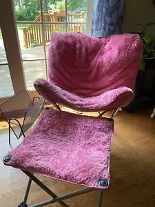 Butterfly Chair Ottoman Set Pink Faux Fur Foldable Collapsible Pertaining To White Faux Fur Round Accent Stools With Storage (View 16 of 19)