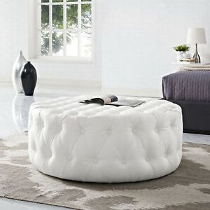 Button Tufted Faux Leather Upholstered Round Ottoman In White For Orange Tufted Faux Leather Storage Ottomans (View 14 of 20)