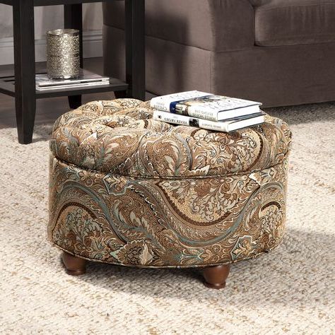 Button Tufted Round Storage Ottoman Brown And Tel Paisley | Round With Brown Fabric Tufted Surfboard Ottomans (View 1 of 20)