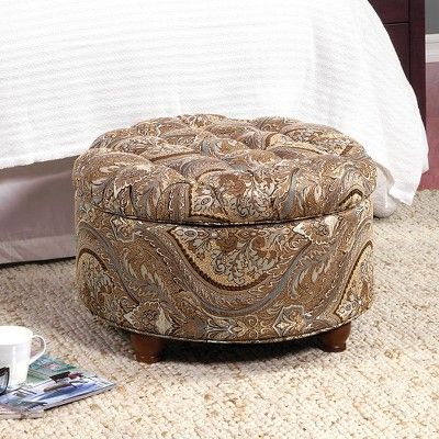Button Tufted Round Storage Ottoman Brown Paisley – Homepop, Brown Blue Regarding Brown And Gray Button Tufted Ottomans (View 11 of 20)