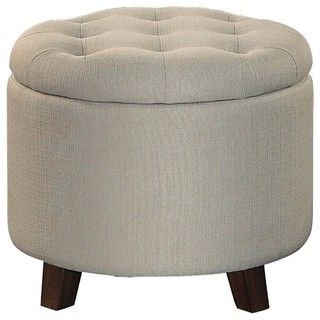 Button Tufted Wooden Round Storage Ottoman Upholstered In Fabric, Beige For Light Gray Fabric Tufted Round Storage Ottomans (View 6 of 20)