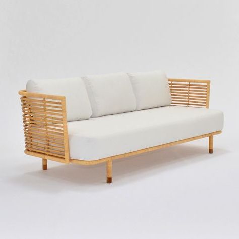 Cane Sofa – Natural Rattan Frame Sofa With White Textural Fabric Regarding Natural Woven Banana Console Tables (View 11 of 20)