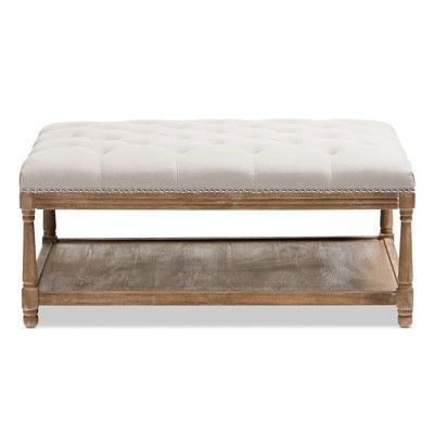 Carlotta French Country Weathered Oak Linen Rectangular Coffee Table Regarding French Linen Black Square Ottomans (View 5 of 20)
