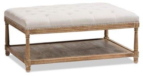 Carlotta French Country Weathered Oak Linen Rectangular Coffee Table Within French Linen Black Square Ottomans (View 9 of 20)