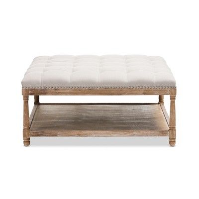 Carlotta French Country Weathered Oak Linen Square Coffee Table Ottoman Within Weathered Wood Ottomans (View 16 of 20)