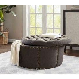Charcoal Grey Tufted & Studded Round Storage Ottoman Footstool | Round Inside Light Gray Fabric Tufted Round Storage Ottomans (Gallery 19 of 20)
