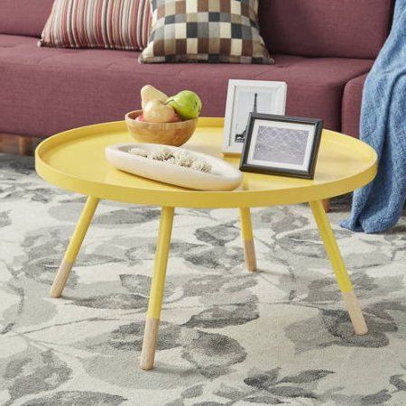 Chelsea Lane Round Tray Coffee Table, Multiple Colors, Yellow | Yellow With Modern Oak And Iron Round Ottomans (View 3 of 20)