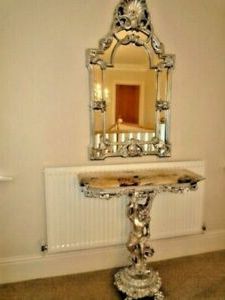Cherub Console Table And Ornate Mirror – Marble Top, Silver Base French For Silver Mirror And Chrome Console Tables (View 10 of 20)