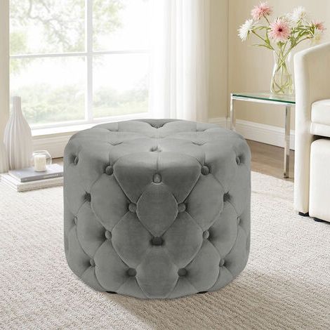 Chesterfield Large Buttoned Tufted Velvet Ottoman Stool, Grey 60cm Throughout Gray Velvet Tufted Storage Ottomans (View 2 of 20)