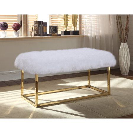 Chic Home Carolyn Fur Modern Luxe Chrome Metal Frame Bench, White Throughout Chrome Metal Ottomans (View 6 of 20)