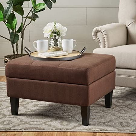 Christopher Knight Home 301489 Living Bridger Dark Cinnamon Fabric Inside Round Gray Faux Leather Ottomans With Pull Tab (View 16 of 20)