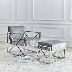 Chrome Light Grey Velvet Accent Chaise  Lounge Chair With Matching In Light Gray Velvet Fabric Accent Ottomans (View 16 of 20)