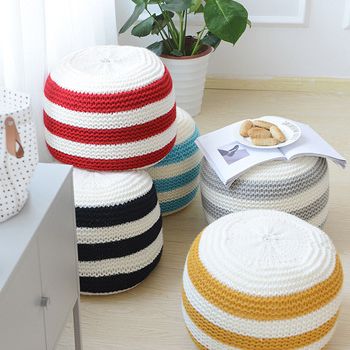 Chunky Hand Knit Cotton Stuffed Pouf Footrest Braid Cotton Cord Round Within Cream Cotton Knitted Pouf Ottomans (View 17 of 20)