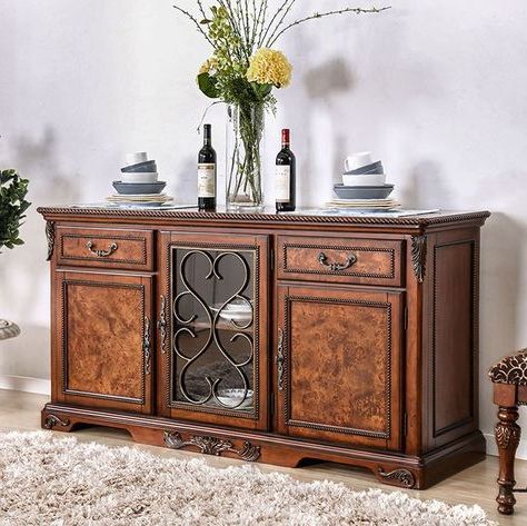Cm3788b Lucie Cherry Brown Finish Wood Ornate Accents Dining Buffet For Brown Wood And Steel Plate Console Tables (View 12 of 20)