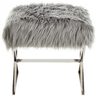 Colin Grey Faux Fur Ottoman – Stainless Steel – Chrome X Legs In Gray For Chrome Metal Ottomans (Gallery 20 of 20)