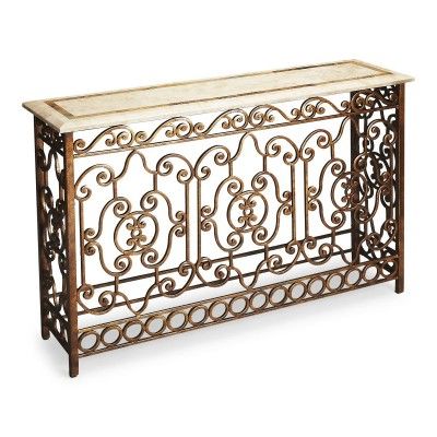 Console Table W/ Wrought Iron Base & White Fossil Stone Top & Inlay Throughout Wrought Iron Console Tables (View 3 of 20)