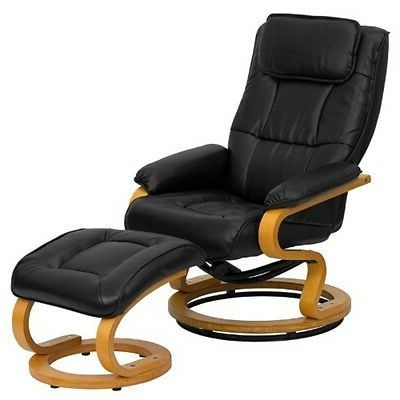 Contemporary Black Leather Recliner & Ottoman W/swiveling Maple Wood Within Onyx Black Modern Swivel Ottomans (View 3 of 20)