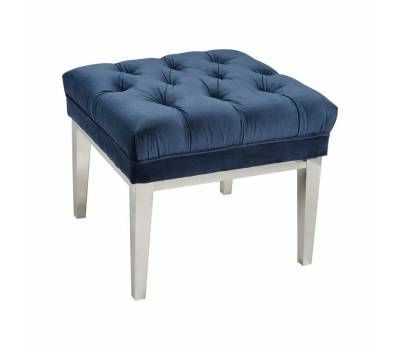Contemporary Blue Button Tufted Velvet Ottoman With Tapered Silver Legs Intended For Honeycomb Silver Velvet Fabric Ottomans (View 18 of 20)