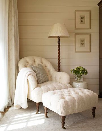 Corner Chair In Living Room – Cottage – Living Room With Regard To Gray And White Fabric Ottomans With Wooden Base (View 12 of 20)