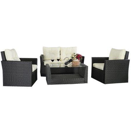 Costway 4pc Rattan Sofa Furniture Set Patio Garden Lawn Cushioned Seat Pertaining To Black And Tan Rattan Console Tables (View 18 of 20)