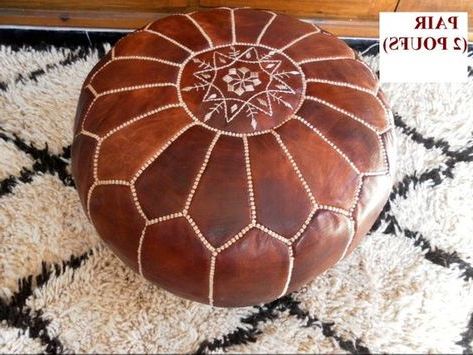 Couple Of 2 Leather Poufs : Natural Brown Tan | Moroccan Pouf, Leather Intended For Brown Leather Tan Canvas Pouf Ottomans (View 6 of 20)