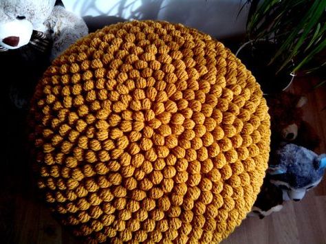 Crochet Mustard/yellow Round Stuffed Pouf – Ottoman / Knit Wool Within Mustard Yellow Modern Ottomans (View 7 of 20)