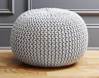 Crochet Yellow/white/blue/milky Brown Pouf Ottoman / Knit | Etsy In Throughout White Ivory Wool Pouf Ottomans (View 11 of 20)