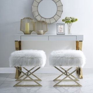 Della Faux Fur Ottoman With Gold Or Chrome X Legs | Ottoman, Living Intended For Round Gold Faux Leather Ottomans With Pull Tab (Gallery 20 of 20)
