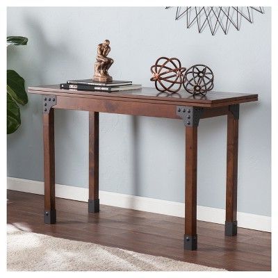 Devereux Flip Top Console To Dining Table – Distressed Brown – Aiden Regarding Brown Wood And Steel Plate Console Tables (View 2 of 20)