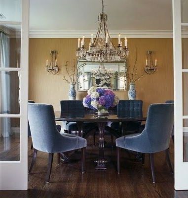 Dining Room – Blue Velvet Chairs | Purple Dining Room, Purple Decor In Royal Blue Round Accent Stools With Fringe Trim (View 10 of 20)