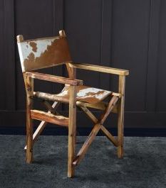 Directors Chair Brown White Cow Hide Seat And Back With Natural Solid Regarding Medium Brown Leather Folding Stools (View 4 of 20)