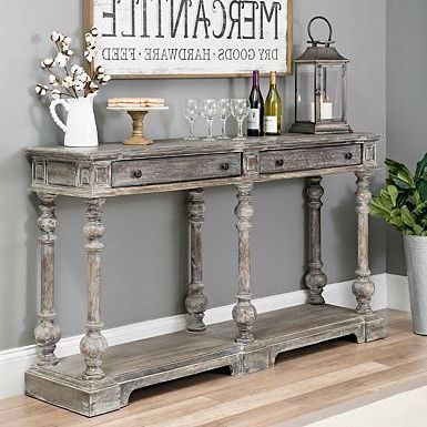 Distressed Gray Wood 2 Drawer Console Table | Dining Room Console Table Throughout 3 Piece Shelf Console Tables (View 9 of 20)