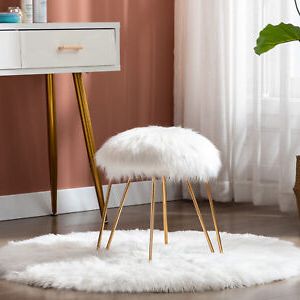 Duhome Mongolian Faux Fur Ottoman Round Foot Rest Vanity Makeup Stool Regarding Round Gold Faux Leather Ottomans With Pull Tab (View 9 of 20)