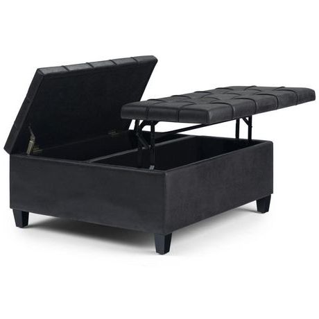 Elliot Coffee Table Storage Ottoman In Distressed Black Faux Air With Black Faux Leather Ottomans With Pull Tab (View 6 of 20)