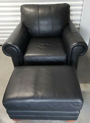 Ethan Allen Archer Leather Chair And Ottoman, Item #79 7011 & #79 7010 Inside Dark Blue Fabric Banded Ottomans (View 13 of 20)