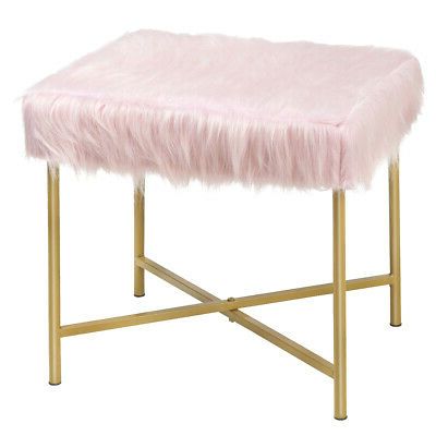 Faux Fur Stool Ottoman Foot Rest Stool With Metal Legs For Bedroom Pink Intended For Chrome Metal Ottomans (View 9 of 20)
