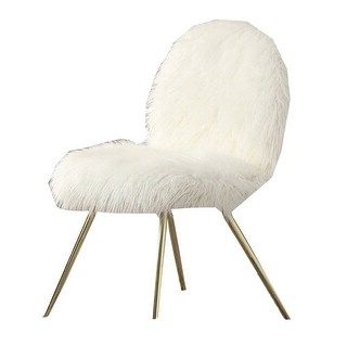 Faux Fur Upholstered Contemporary Metal Accent Chair, White And Gold Inside White Faux Fur And Gold Metal Ottomans (View 14 of 20)