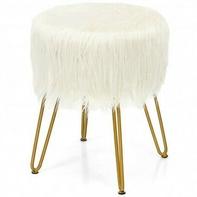 Faux Fur Vanity Chair Makeup Stool Furry Padded Seat Round Ottoman For White Faux Fur And Gold Metal Ottomans (View 5 of 20)