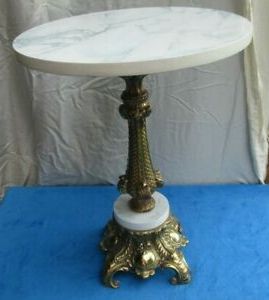 Faux Marble Top Side Table, Plant Stand Vintage Filigree Brass Base | Ebay With Antique Brass Round Console Tables (View 16 of 20)
