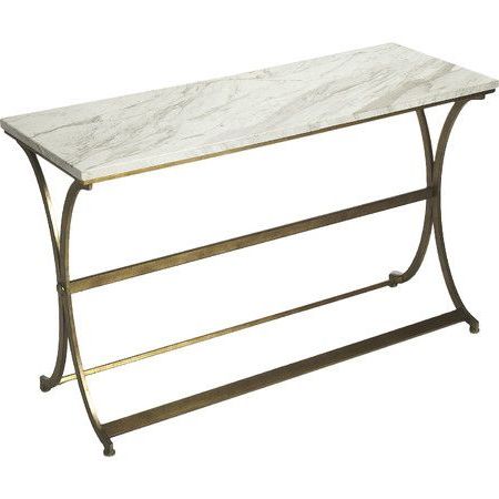 Featuring A Travertine Top And Gold And Silver Hued Base, This Console With Regard To Metallic Silver Console Tables (View 2 of 20)